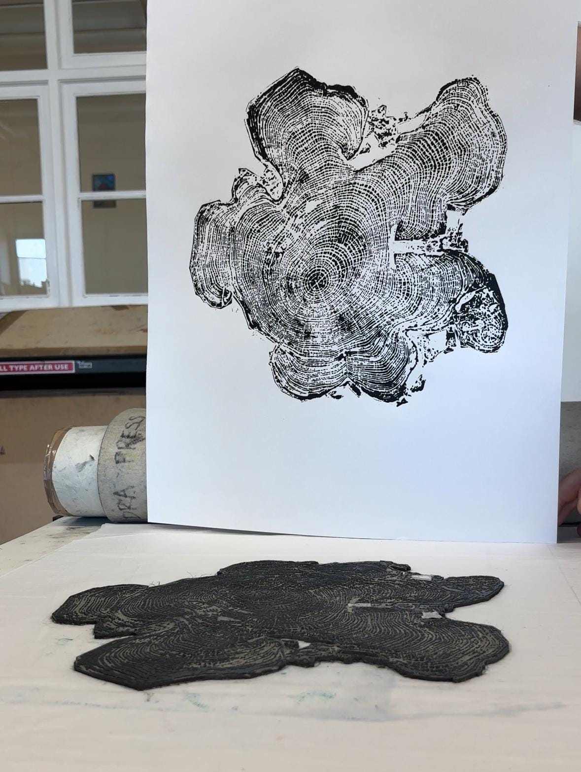 Acacia Tree Ring Lino Print: Black & White Tree Stump Art