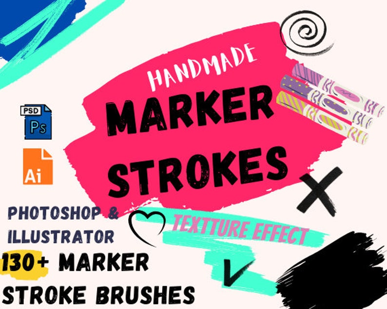 Puede incluir: Una ilustraci&oacute;n digital de una salpicadura de pintura rosa y roja con el texto "HANDMADE MARKER STROKES" en negro. La imagen tambi&eacute;n incluye una marca de verificaci&oacute;n, una X y tres rotuladores de colores. El texto "PHOTOSHOP & ILLUSTRATOR" y "130+ MARKER STROKE BRUSHES" tambi&eacute;n est&aacute; incluido en la imagen.