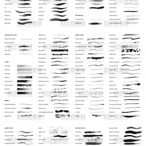 以下が含まれることがあります： ブラシのストロークとテクスチャの様々な種類を示す白黒の画像。画像は、「Drawing Box」、「Ultimate Brushes」、「Paintox」、「Inkbox」など、異なるブラシのカテゴリで区切られています。各セクションには、ブラシのストロークの列があり、それぞれ「Big Soft Charcoal」、「Brush Pen」、「Gouache Magic」、「Comic Letter」など、異なる名前が付けられています。
