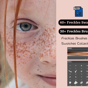 May include: Close-up of a person's face with freckles. The image is used to promote a set of 40+ freckle swatches and 30+ freckle brushes for Photoshop.
