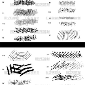 以下が含まれることがあります： ブラシのストロークの種類が異なる白黒の画像。画像には、