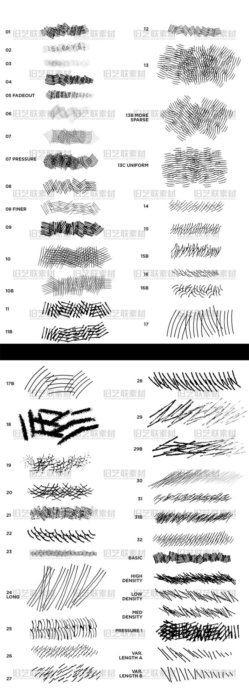 以下が含まれることがあります： ブラシのストロークの種類が異なる白黒の画像。画像には、