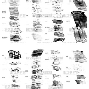以下が含まれることがあります： Photoshop 用の白黒ブラシストロークテクスチャの集まり。40 種類のテクスチャが、行と列に配置され、各テクスチャには説明的な名前が付けられています。