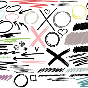 Puede incluir: Una colecci&oacute;n de formas y l&iacute;neas dibujadas a mano en varios colores, incluyendo negro, rojo, rosa, verde, azul, amarillo y gris. Las formas incluyen c&iacute;rculos, &oacute;valos, cuadrados, corazones y flechas. Las l&iacute;neas incluyen l&iacute;neas rectas, l&iacute;neas curvas y l&iacute;neas en zigzag.