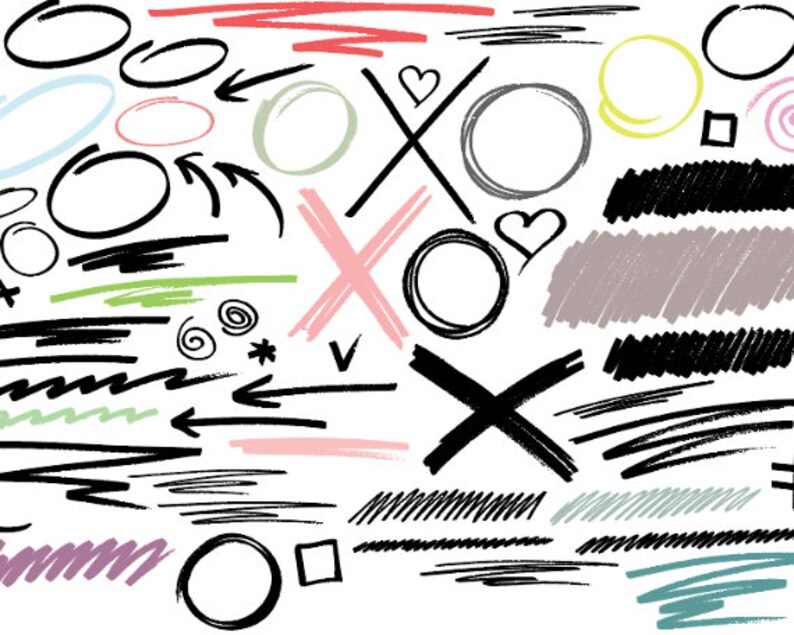 Puede incluir: Una colecci&oacute;n de formas y l&iacute;neas dibujadas a mano en varios colores, incluyendo negro, rojo, rosa, verde, azul, amarillo y gris. Las formas incluyen c&iacute;rculos, &oacute;valos, cuadrados, corazones y flechas. Las l&iacute;neas incluyen l&iacute;neas rectas, l&iacute;neas curvas y l&iacute;neas en zigzag.