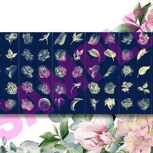May include: A digital collage of vintage botanical illustrations featuring various types of flowers and leaves in shades of purple, blue, and white on a dark blue background.