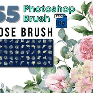 May include: A set of 55 Photoshop rose brushes. The brushes are displayed in a grid format, with each brush showing a different rose design. The text "55 Photoshop Brush Rose Brush" is displayed at the top of the image.