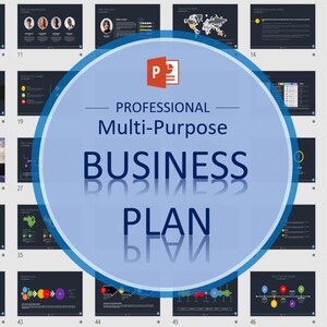 Op de afbeelding: Een blauwe cirkel met een witte omtrek en een reflectie op een donkere achtergrond. De cirkel bevat een rood Microsoft PowerPoint-logo en de tekst "PROFESSIONAL Multi-Purpose BUSINESS PLAN". De afbeelding is een collage van 48 verschillende PowerPoint-dia's met verschillende grafieken, diagrammen en schema's.