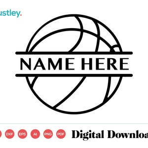 Pode incluir: Design em preto e branco de arte de linha de uma bola de basquete com o texto "NAME HERE" em uma faixa no meio.