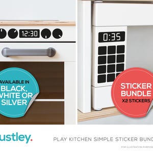 May include: A sticker bundle for a play kitchen, featuring a microwave with a digital clock and a stove with a digital clock and knobs. The sticker bundle is available in black, white, or silver. The text "Sticker Bundle x2 Stickers" is on the sticker.