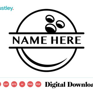 May include: Black and white digital download design of a bowling ball with three pins inside a circle with the text "NAME HERE" in a banner across the middle.