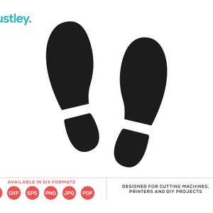 May include: Two black footprints, one slightly larger than the other, are shown against a white background. The footprints are a simple silhouette design.