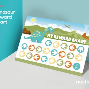 May include: A colourful dinosaur reward chart featuring a blue dinosaur, a volcano, and a sun. The chart has 15 circles with dinosaur footprints in them. The text "MY REWARD CHART" is at the top of the chart. The text "WELL DONE!" is at the bottom of the chart.
