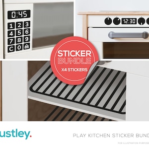 May include: A white play kitchen sticker bundle with four stickers. The stickers include a microwave with a digital display showing 0:45, a hob with a digital display showing 12:30, a black and white oven rack, and a black and white hob burner. The stickers are labelled "Sticker Bundle x4 Stickers".