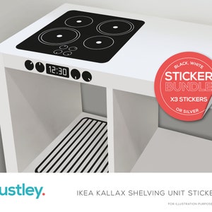 May include: A white IKEA KALLAX shelving unit with black and white stickers to transform it into a play kitchen. The stickers include a stovetop with four burners, a digital clock that reads 12:30, and a rack. The sticker bundle includes three stickers in black, white, or silver.