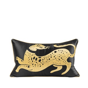 Golden Leopard Pillow Cover,Silk Pillow,,Embroidered Pillow,Home Decorative Pillow,Animal Print Pillow Case