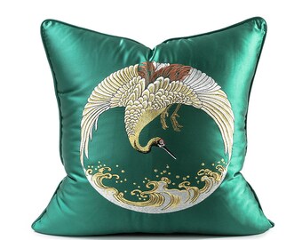 KRANICH KISSENHÜLLE,Seidenkissenbezug,Bestickte Kissenhülle,Reißverschluss Vogel Kissenbezug,Hauswärmer Kissenbezug,Outdoor Kissenhülle Geschenk