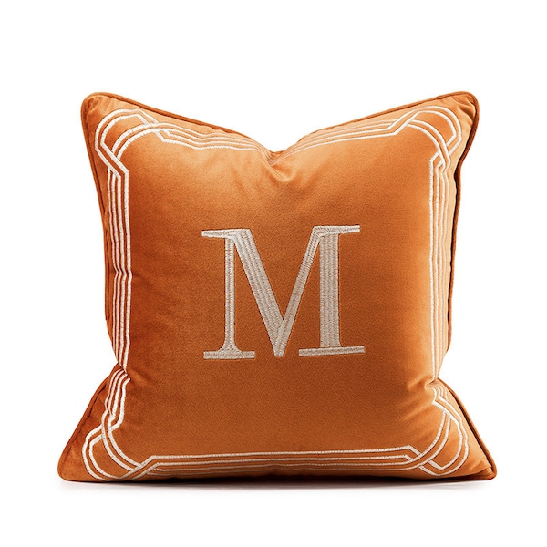 Alphabet Velvet Pillow Cover,Embroidered Pillow Case,Home Decorative Pillow,Cushion Cover, Letter M