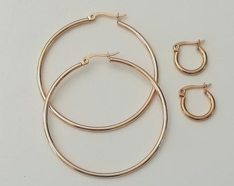 Lot of 2 or 4 Pairs of HOOPS 14mm and 50mm Gold and/or Silver STAINLESS STEEL Earrings Hypoallergenic