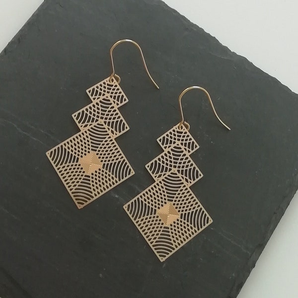 1 Pair of Gold or Silver Earrings 3D Geometric Lightweight Prints Filigree STAINLESS STEEL Hypoallergenic
