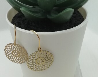 1 Pair of Gold Filigree Print Dangle Earrings 18mm Ethnic STAINLESS STEEL Handmade