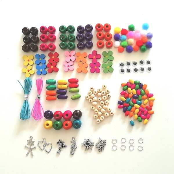 Kit Complet de Création Créatif Enfants Educatif Fabrication Perles Bois Bijoux env. 200 pièces Multicolores Bracelets Colliers DIY