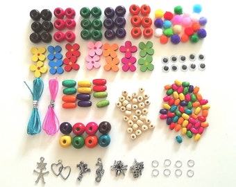 Complete Creative Creation Kit Children Educational Making Wooden Beads Jewelry approx. 200 pieces Multicolored Bracelets Necklaces DIY