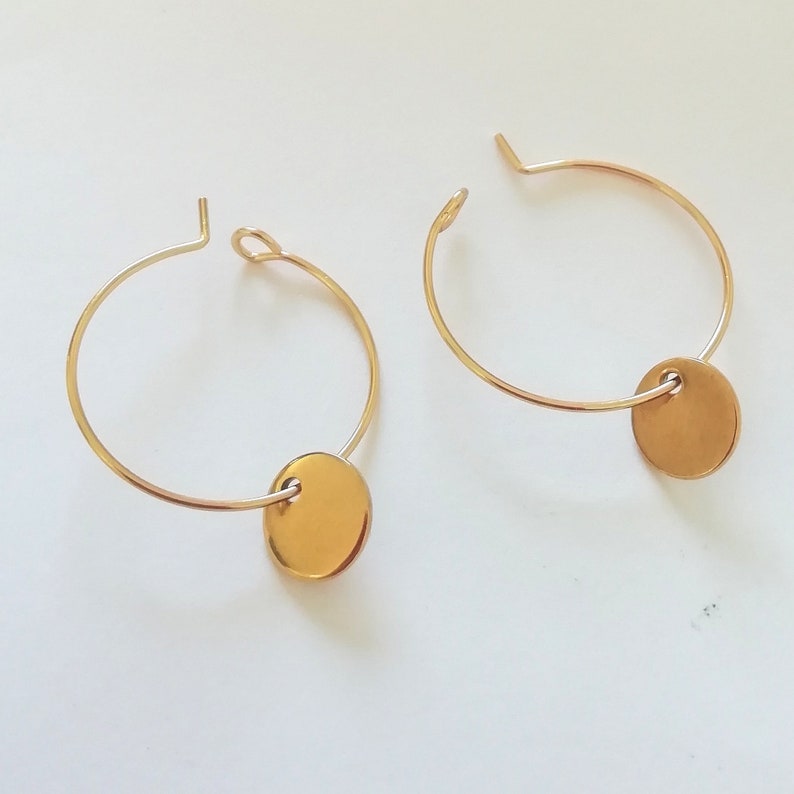 1 Pair of 20mm Thin Minimalist Golden HOOPS with Sequins or Leaves STAINLESS STEEL Hypoallergenic Earrings image 4