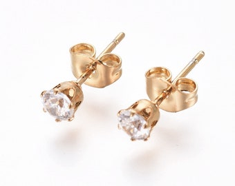 1 Paire de PUCES Strass 5,5mm, 4,5mm ou 3,5mm Doré ou Argenté Boucles d'Oreilles ACIER INOXYDABLE Hypoallergénique