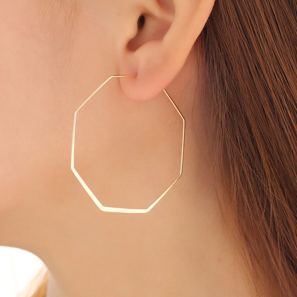1 Pair of Gold or Silver CREOLES 50mm Octagon Thin and Light Earrings STAINLESS STEEL Hypoallergenic