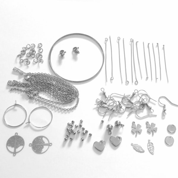 Kit de Création Créatif Fabrication Bijoux ACIER INOXYDABLE 15 Articles Différents Boucles d'Oreilles Bracelets Colliers DIY