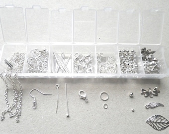 Kit creativo para hacer joyas, plata, níquel, caja sin níquel, 12 piezas diferentes, pendientes, pulseras, collares, bricolaje