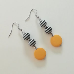 Handmade Mustard Yellow Black White Stainless Steel Wood Dangle Earrings