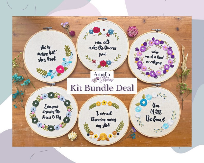 Musical Theatre Inspired Embroidery Kits Bundle Deal! Six, Hamilton, Wicked, Waitress, Les Mis, Dear Evan Hansen - Amelia Stitches 