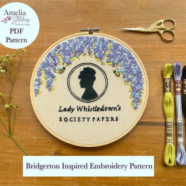 Bridgerton Inspired Embroidery PDF Pattern by Amelia Stitches - Lady Whistledown, Regency Era, French Knots, Lilac, Cross Stitch, Tapestry