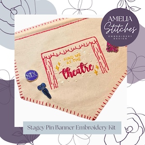 Theatre Themed Pin Banner Embroidery Kit by Amelia Stitches - Beginner Friendly, Six, Moulin Rouge, Wicked, Cabaret, Waitress, Hamilton