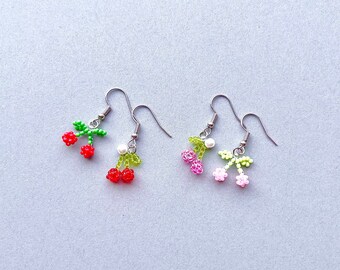 Cherry Earrings Mix Match Dainty Beaded Cherry Earrings Fruit