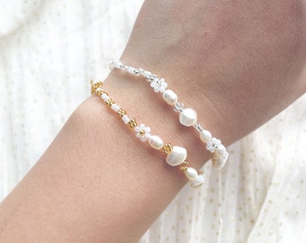 Twinkle Pearl Bracelet || kpop style beaded flower bracelet, gift for her valentines accessory dainty freshwater pearl jewelry, boho y2k