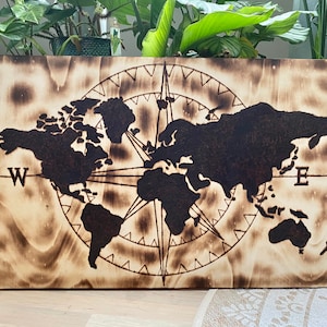 Wandbild, Weltkarte, Brandmalerei, Holzbild