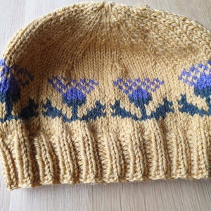 May include: A knitted hat in a mustard yellow colour with a dark blue and purple patterned band featuring a thistle design.