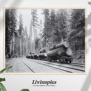 Train historique et grumes Image en noir et blanc | Scène de bûcheronnage vintage | Décoration murale rustique | Oeuvre d&#39;art unique – Poster encadré n°27