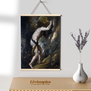 Mito griego antiguo de Sísifo / Obra de arte atemporal que representa la lucha y la perseverancia / Arte de la filosofía clásica – Colgador de carteles n.° 70-1