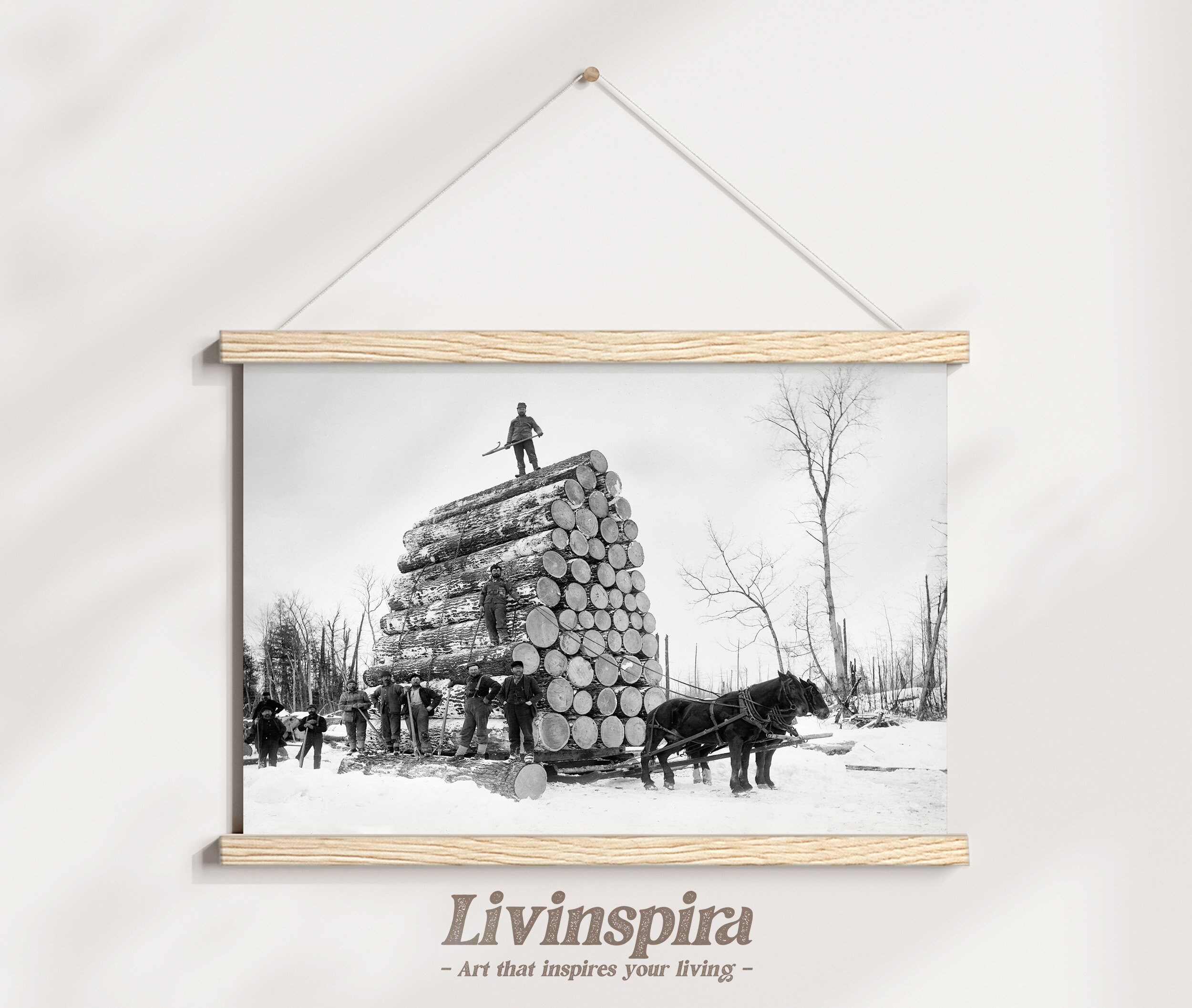 Historic Logging Photo | Lumberjacks & Horse Team | Black n White Photo of Loggers at Work | Vintage Wood Logging Scene – Poster Hanger #20