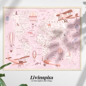 Educational Map of the World for Girl | Hot Air Balloon, Planes World Map Print Wall Poster | Nursery Animal Wall Decor – Framed Print #96-1