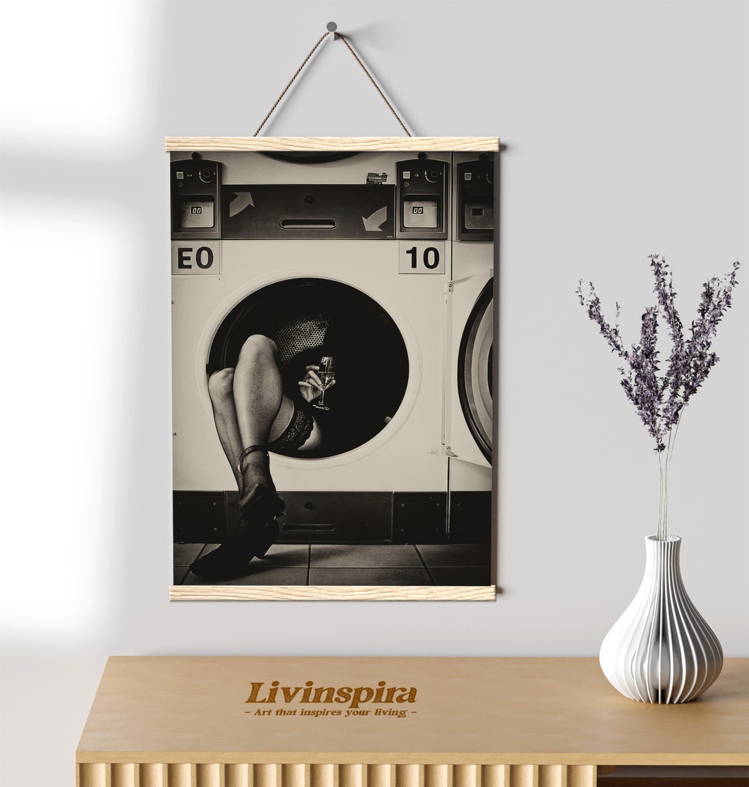 Unique Woman With Champagne in Laundromat Art Print Monochromatic