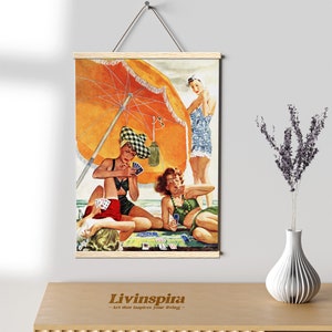 Póster retro de juego de cartas de playa / Impresión vintage de damas junto al mar / Arte de pared retro divertido de verano - Colgador de póster n.° 114