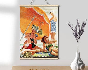 Beach Card Game Retro Poster | Vintage Ladies Seaside Print | Fun Retro Summer Wall Art - Poster Hanger #114