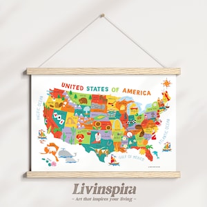 Edukativer USA-Kartendruck der Signatur des Bundesstaates Merkmale & Sehenswürdigkeiten | USA Karte für Kinderzimmer, Wanddeko - Posterleiste #96-2