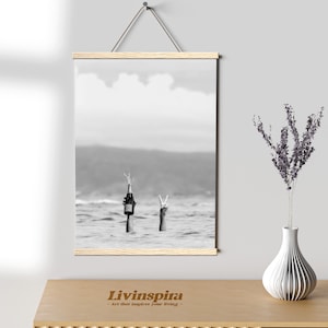 Woman with Champagne Burst in Ocean Waves Wallprint | Celebratory Sea Toast Poster | Oceanic Cheers with Victory Sign – Poster Hanger #55