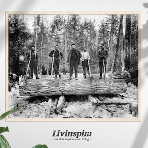 Historic Lumberjacks | Vintage Logging Scene | Black and White Forest Workers Image | Retro Logging Art – Framed Poster #22